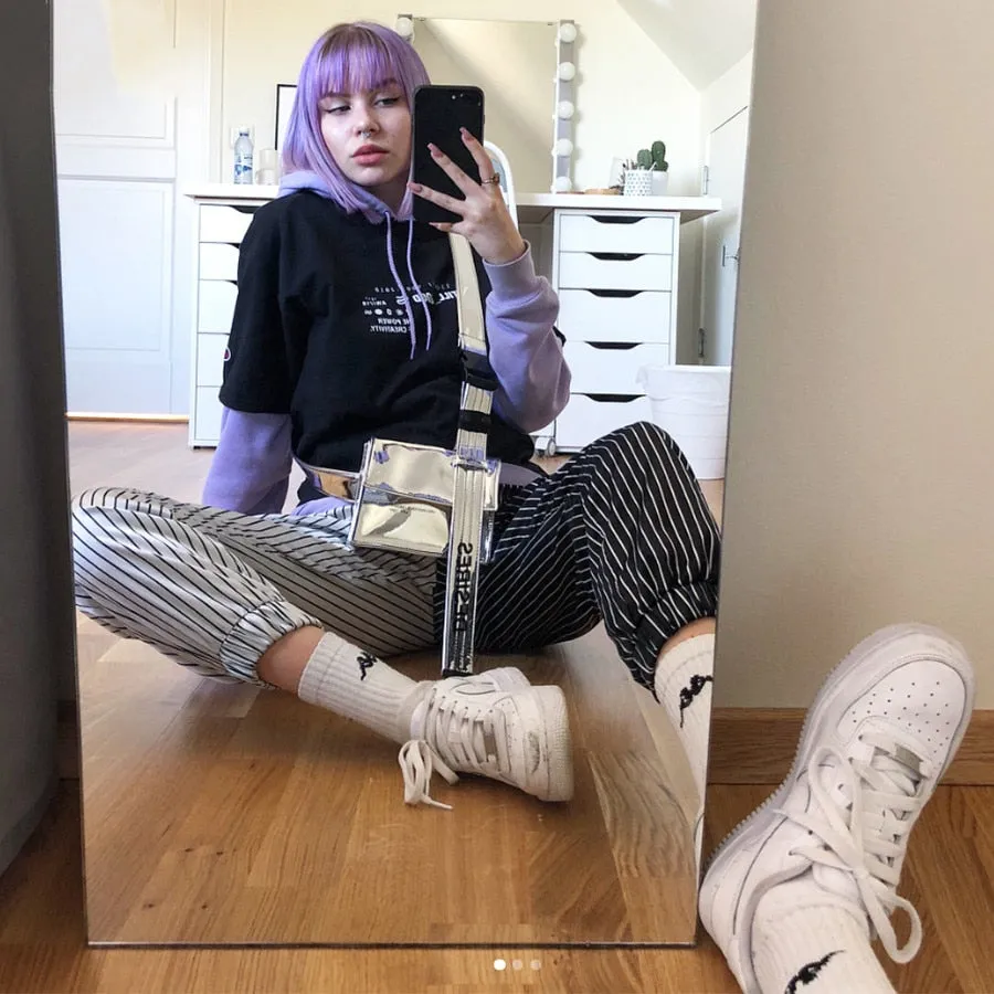 Women's Autumn Black&White Striped Patchwork Ankle-Length Cargo Pants