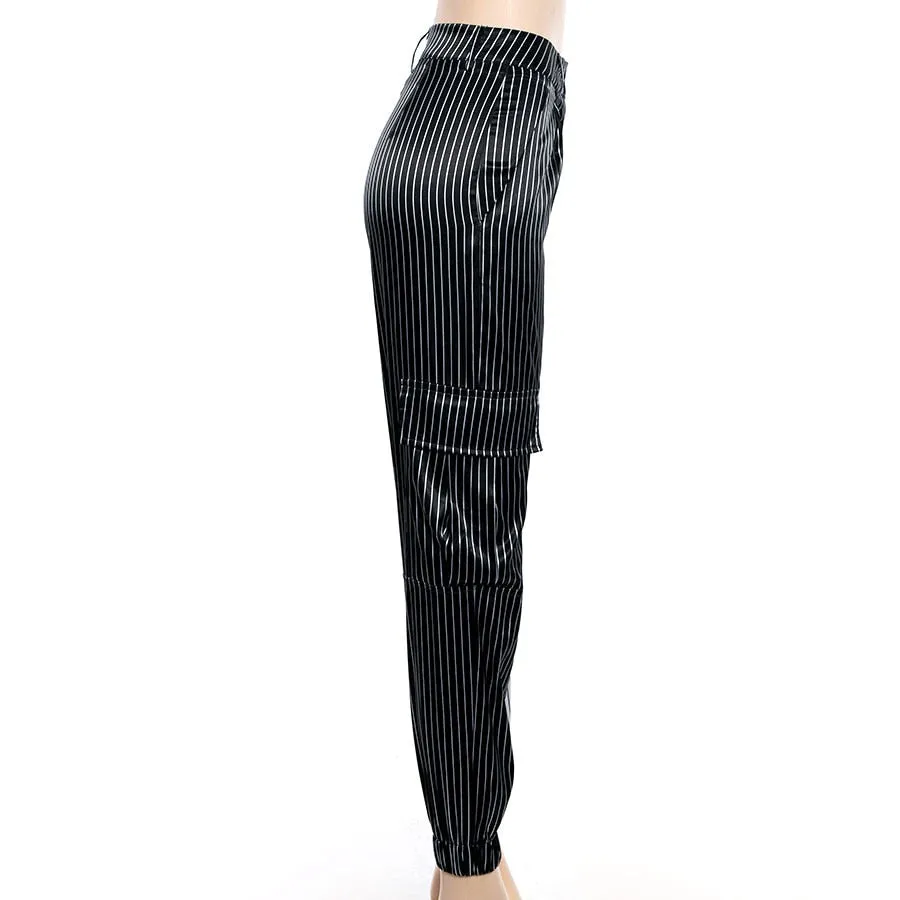 Women's Autumn Black&White Striped Patchwork Ankle-Length Cargo Pants