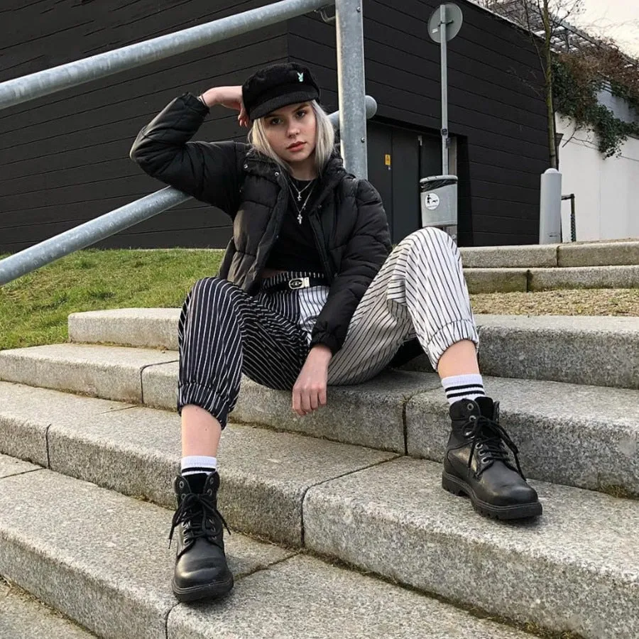 Women's Autumn Black&White Striped Patchwork Ankle-Length Cargo Pants