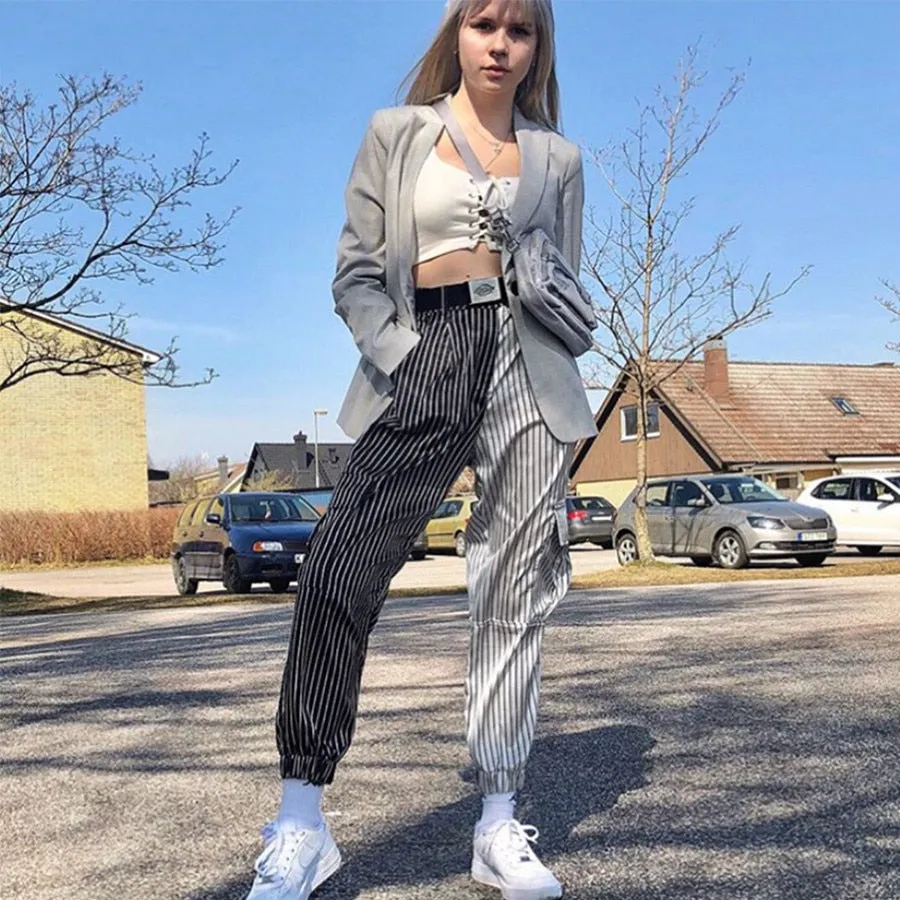 Women's Autumn Black&White Striped Patchwork Ankle-Length Cargo Pants