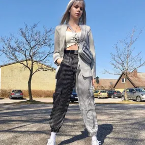 Women's Autumn Black&White Striped Patchwork Ankle-Length Cargo Pants