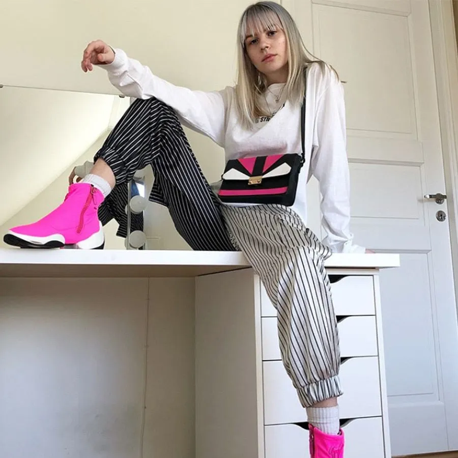 Women's Autumn Black&White Striped Patchwork Ankle-Length Cargo Pants