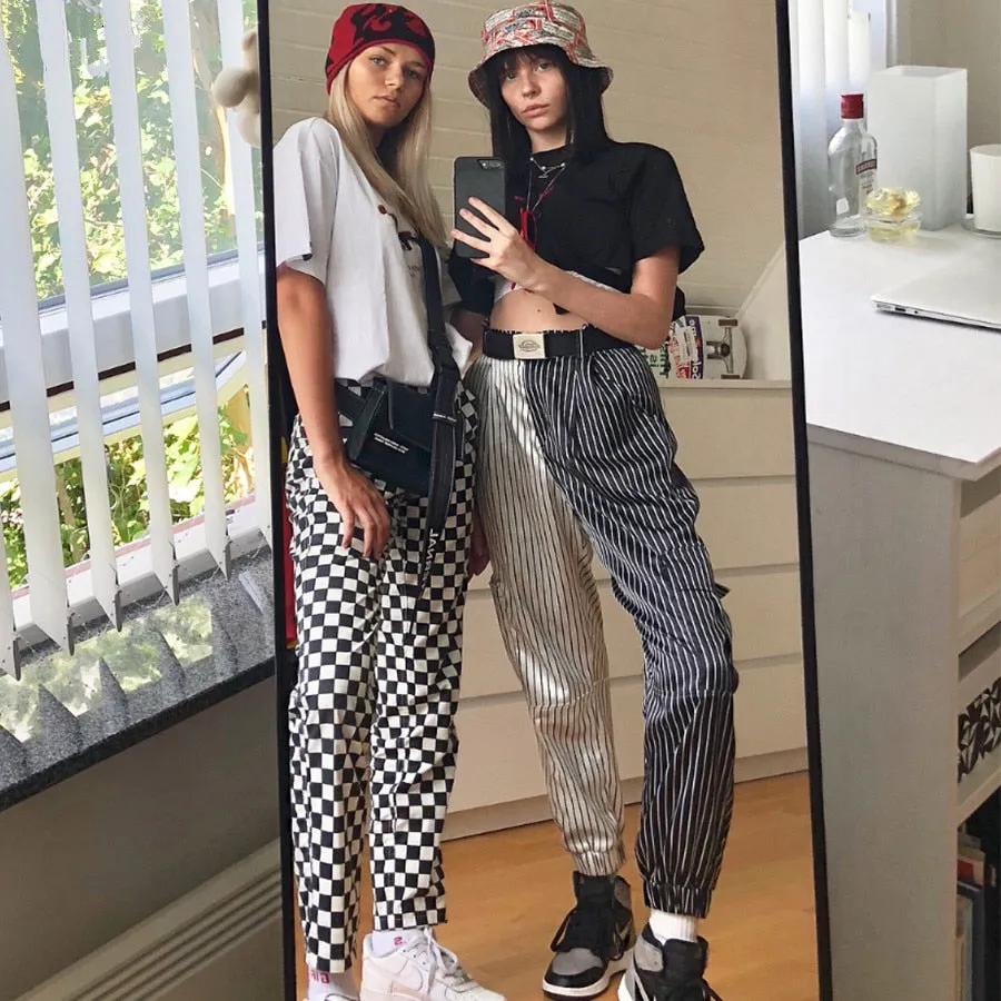Women's Autumn Black&White Striped Patchwork Ankle-Length Cargo Pants