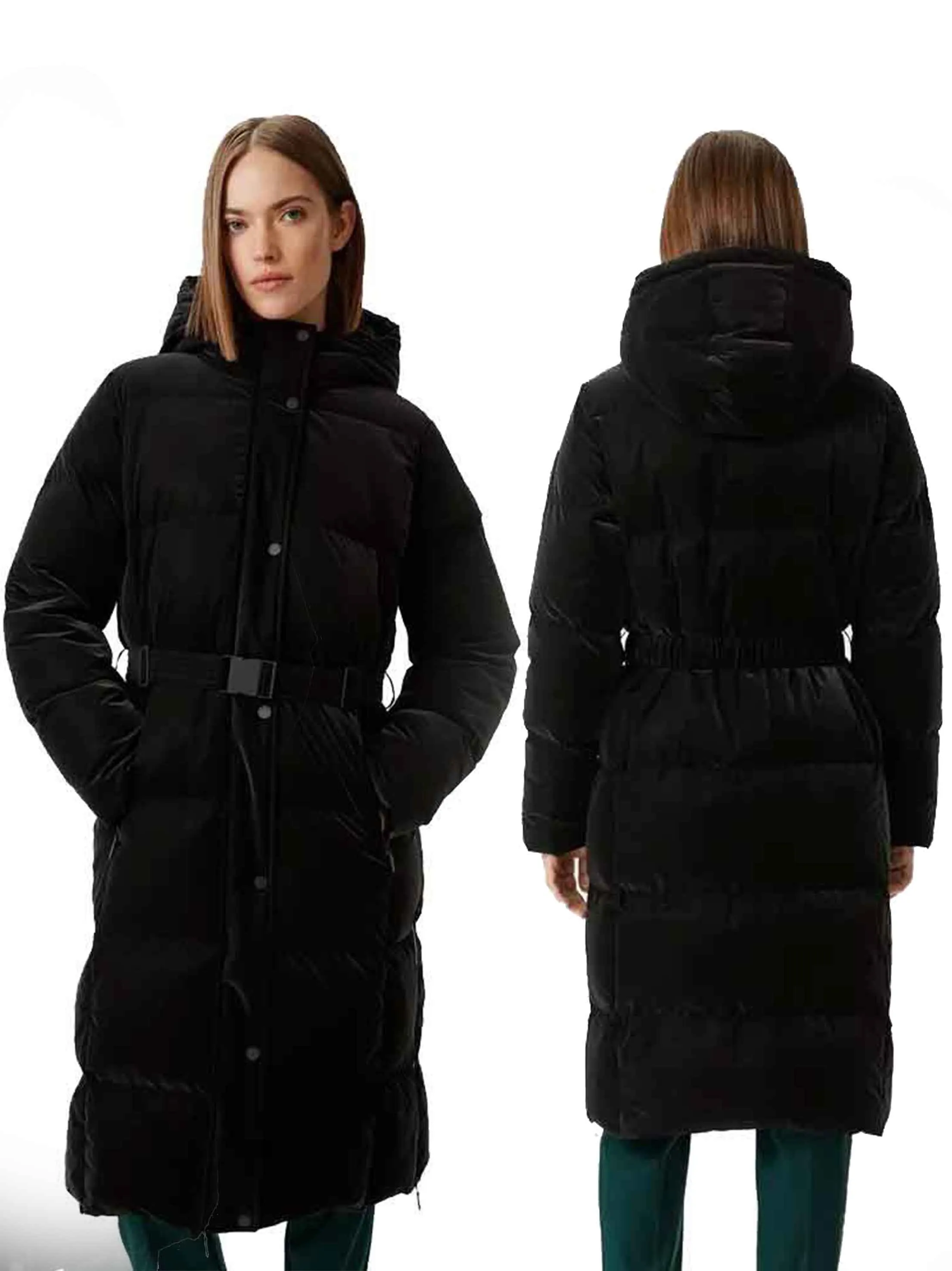 Women's Belted Puffer Coat,Black